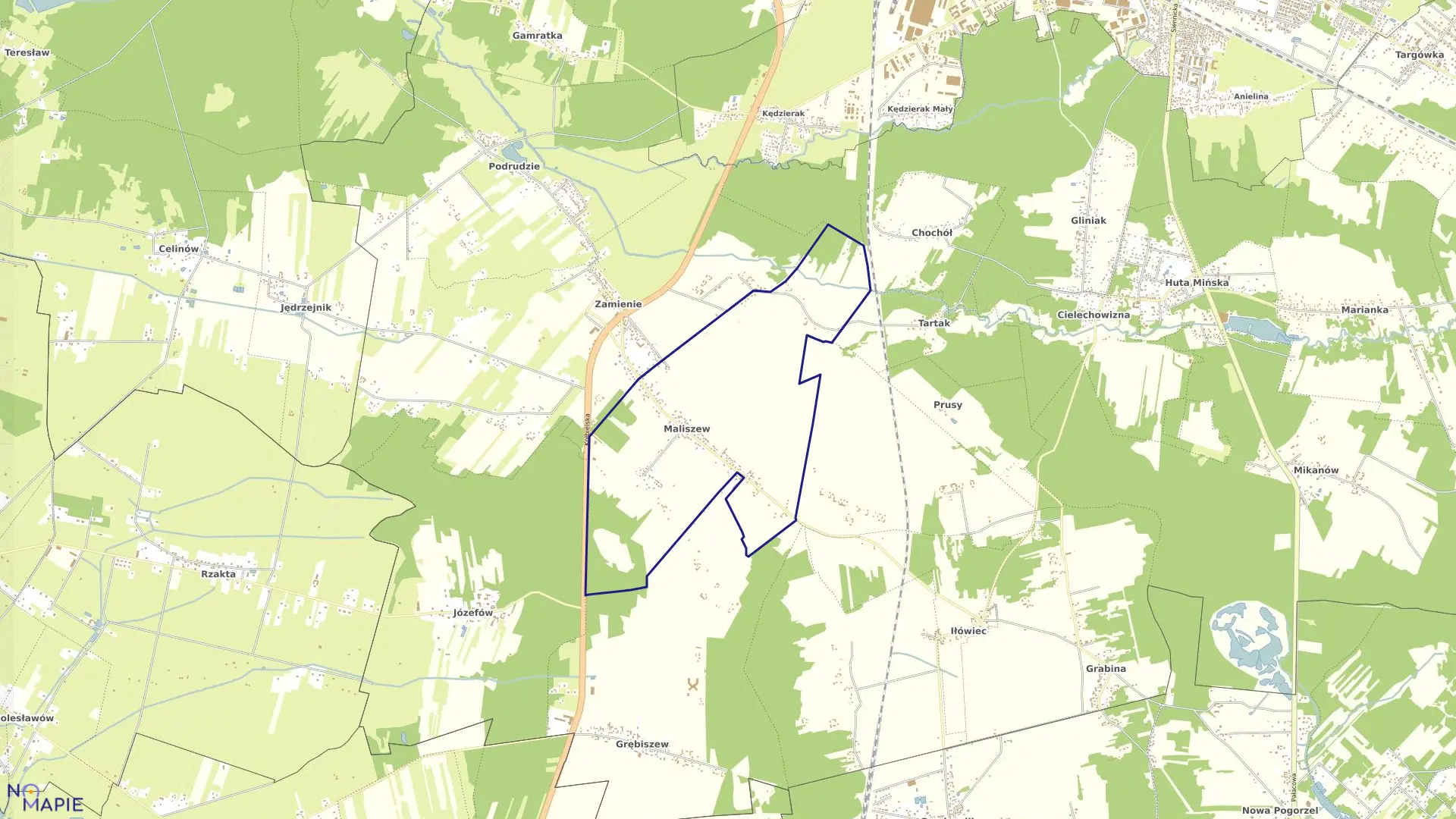 Mapa obrębu MALISZEW w gminie Mińsk Mazowiecki